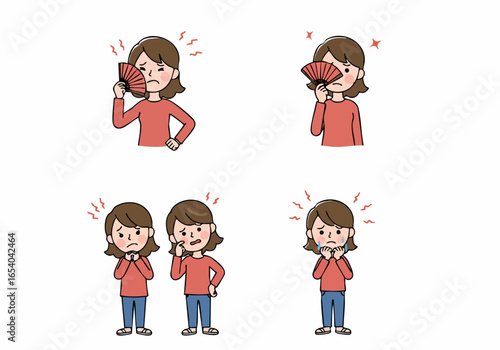 Illustrations of a woman feeling hot, frustrated, worried, and crying, depicting a range of uncomfortable emotions.