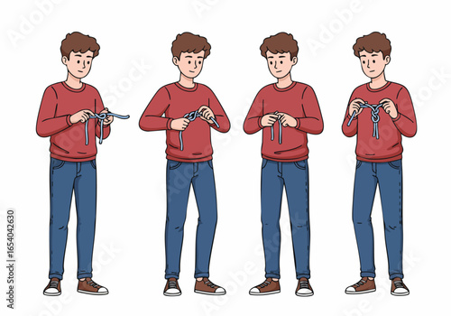 A young man demonstrating how to tie a knot in a sequence of four illustrations, showing the process of knotting.