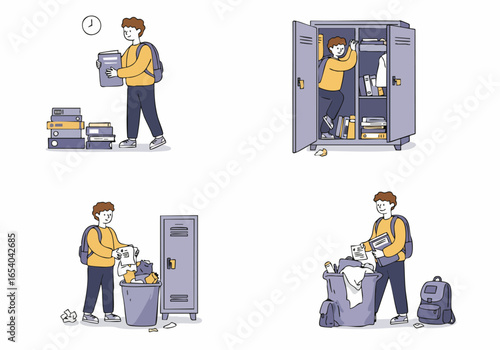 Effective Organization and Decluttering: A young man cleans out his locker and sorts belongings, symbolizing productivity and efficient space management.