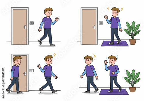 Man experiencing forgetfulness and anxiety about locking the door, presented as a cartoon sequence.
