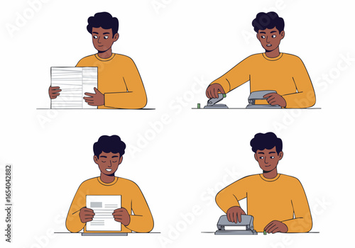 Step-by-step illustration of a man organizing papers and using a hole puncher.