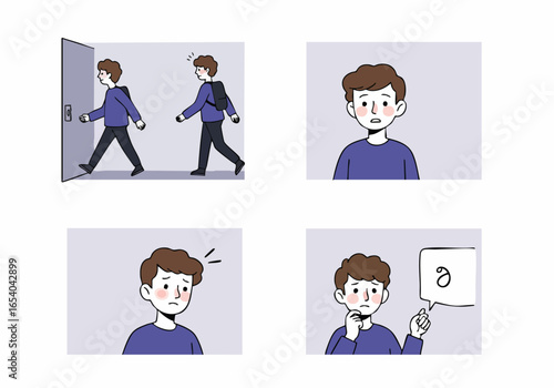 Illustration of a young man leaving, then experiencing a sudden realization and distress about a forgotten item.