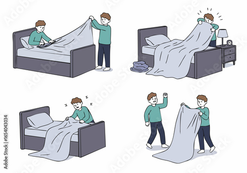 A man's humorous struggle to make his bed, illustrating the frustrating challenge of putting on a duvet cover, eventually requiring two people for success.