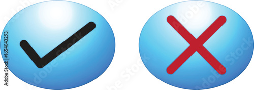 Blue oval icons with black check mark and red cross, flat approval and cancel symbols, vector checklist tick and cross signs for apps, web, and UI design