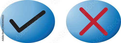 Blue oval icons with black check mark and red cross, flat approval and cancel symbols, vector checklist tick and cross signs for apps, web, and UI design