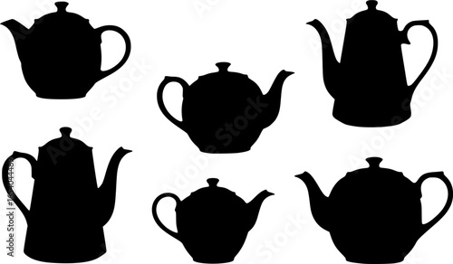 black silhouettes of teapots, white background, simple, vector illustration