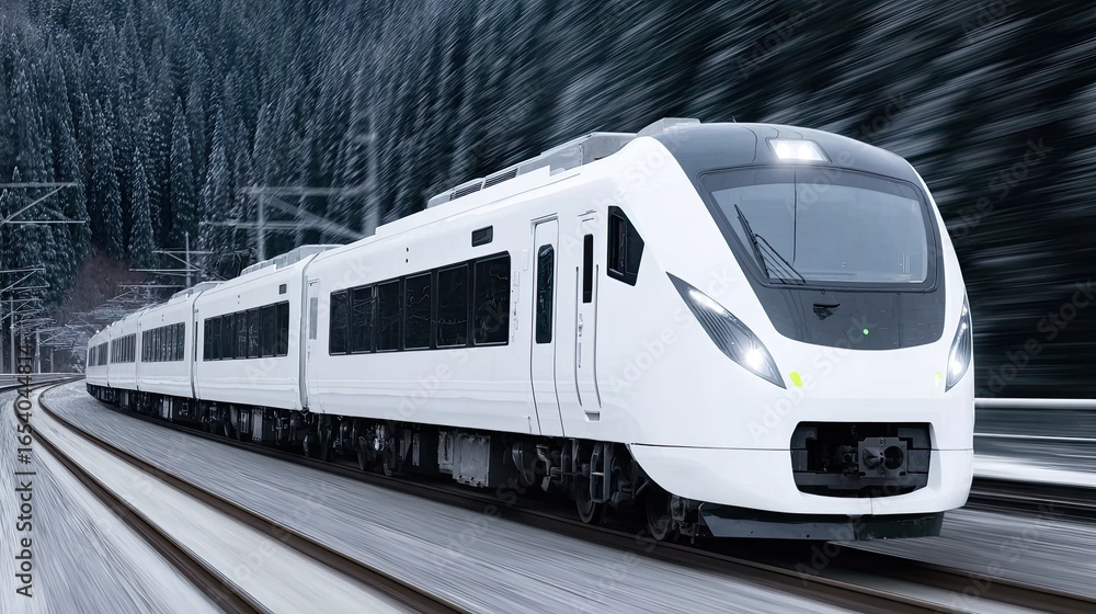 Naklejka premium An electric high-speed train gliding through a forest, zero-emission transport, sleek futuristic design, blur motion background 