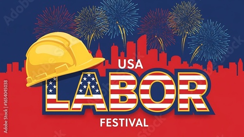 Celebrate USA Labor Festival with a hard hat, fireworks, and a city skyline, a vibrant tribute to American workers and community spirit