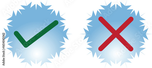 Green check mark and red cross icons set, approval and cancel symbols in circle and square, checklist signs, flat tick and cross badges isolated