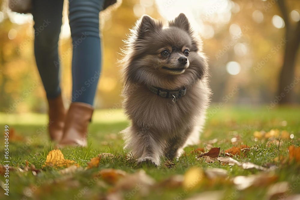 Obraz premium Autumn Walk with a Black Pomeranian 