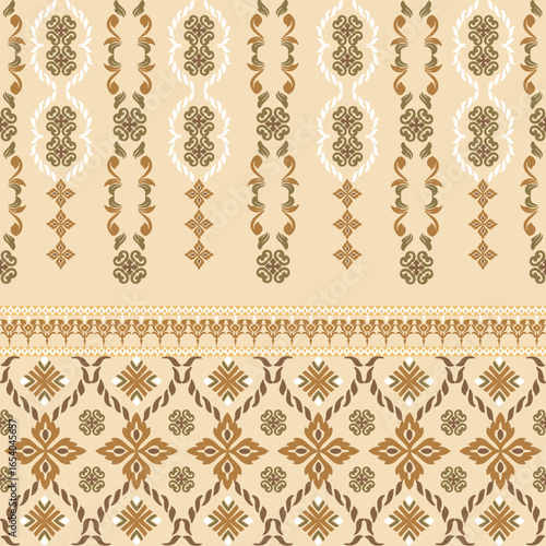 Brown and cream damask seamless pattern with decorative elements in retro style. Vector illustration. Design for wallpapers, elaborate borders, curtains, textiles, and rugs.