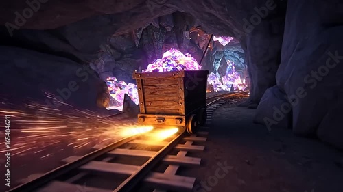 Mine cart racing through a vibrant crystal cave tunnel