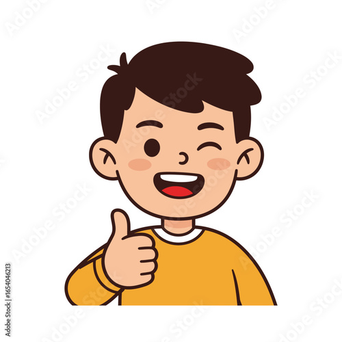 Cheerful cartoon boy with dark hair winking and showing a thumbsup sign.