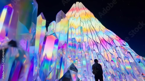Abstract crystalline mountain at night with a person standing in front