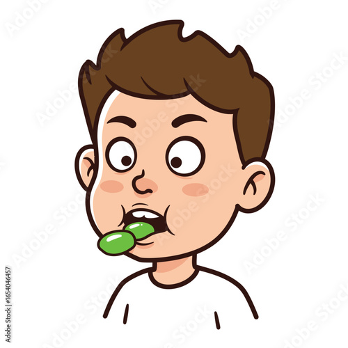 Chubbycheeked cartoon boy with wide eyes and green candy on his tongue.