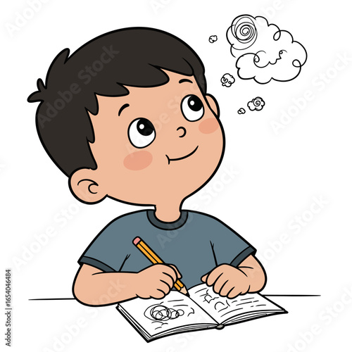 Creative cartoon boy with dark hair and rosy cheeks looking up while drawing doodles in a notebook.