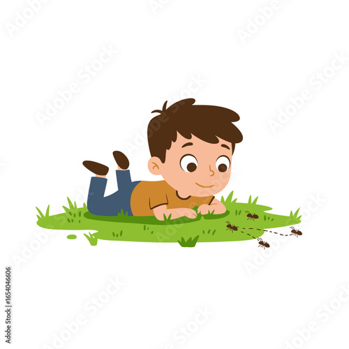 Curious cartoon boy with brown hair lying on green grass happily watching a line of ants.