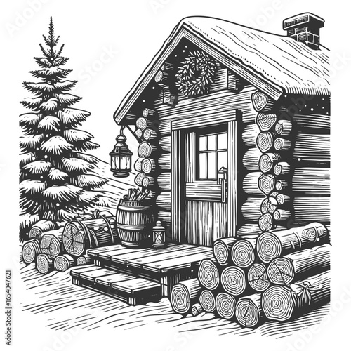 rustic log cabin with a front porch, hanging lanterns, and neatly stacked firewood sketch engraving generative ai vector illustration. Scratch board imitation. Black and white image.