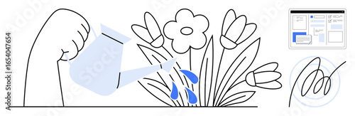 Hand using watering can to nourish flowers, website analytics, close-up leaf. Ideal for growth strategy, sustainability, planning, personal development, nurturing education. Bold simple flat
