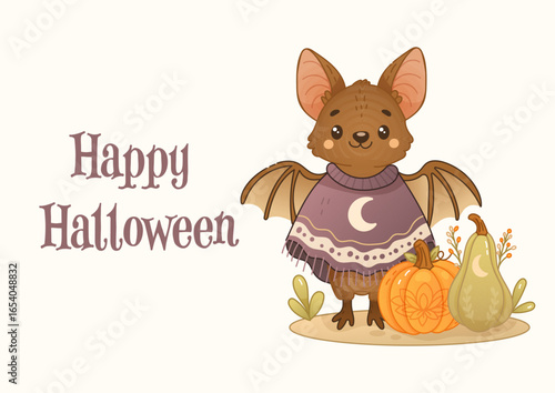 Happy halloween greeting card with cute bat and pumpkin