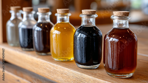 Variety of colorful corked bottles on a wooden shelf