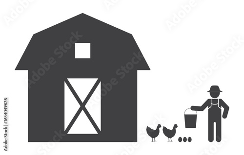 farmer feed chicken with egg near barn farm icon