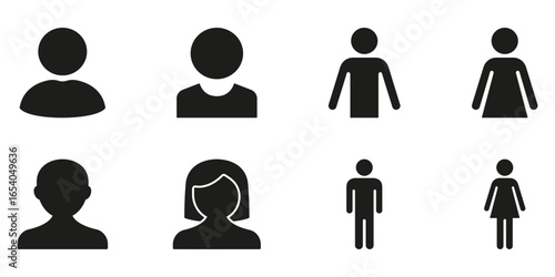 User And Gender Profile Icons Solid Icon Set. User Identification, Gender Representation, And Profile Silhouette Symbol Collection. Social Media And Networking. Isolated Vector Illustration