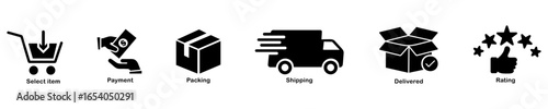 6 steps of online shopping process icons isolated on white background. Shopping process. 6 steps of shopping. Select item, payment, packing, shipping, delivered, rating