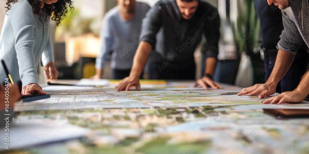 Fototapeta premium Diverse team collaborating on a large map planning project in a modern office setting