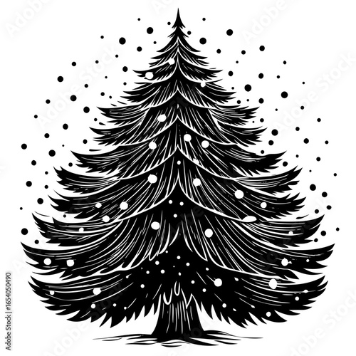 Captivating winter scene with a beautifully decorated Christmas tree adorned with lights and falling snow, evoking festive holiday cheer and cozy seasonal warmth.