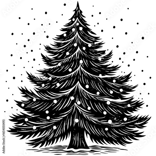 Festive Christmas tree adorned with glowing lights and gentle snowfall creates a magical winter holiday atmosphere perfect for seasonal celebrations and warm wishes