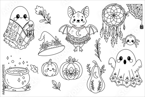Boho halloween coloring sheet with ghost bat pumpkin and more