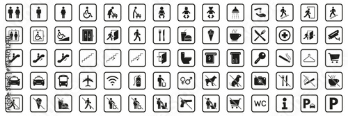 Public Facility And Service Icons Solid Icon Set. Comprehensive Collection Of Symbols For Accessibility, Transportation, Dining and Safety Silhouette Symbol Collection. Isolated Vector Illustration