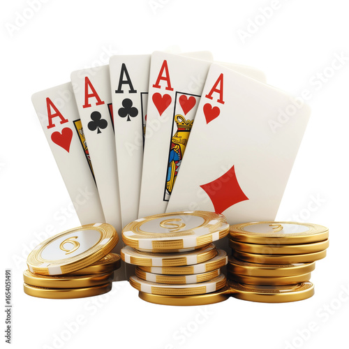 Casino chips, playing cards, and a tablet with a blackjack game on screen on transparent png background. Ai generated