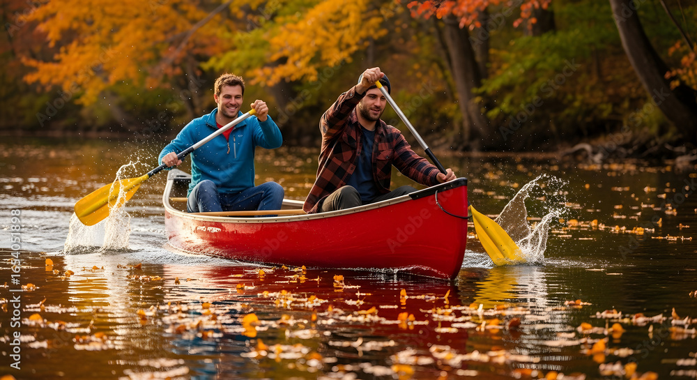 Obraz premium Canoeing Friends Autumn River Adventure Fall Foliage Paddle