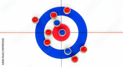 Strategic placement of red and blue curling stones in the house during a competitive winter sports match, viewed from above