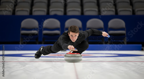 Curler pushing a stone on ice during a game of curling, focused athlete in action, winter sport excitement