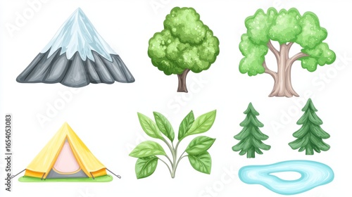 Hand-drawn Nature Elements: Mountain, Trees, Tent, and Lake in a Cartoon Style Illustration