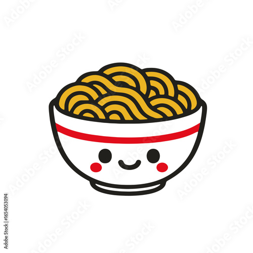 Adorable kawaii noodle vector in a white bowl with a happy smiling face. Perfect for Japanese food design, kids menu, restaurant branding, and cute cartoon artwork.