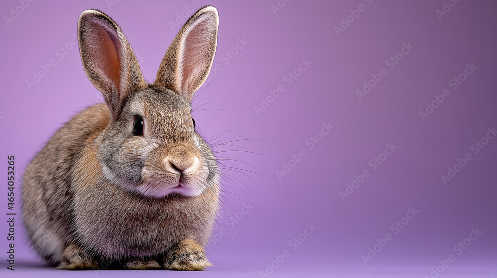 Obraz premium Cute fluffy brown rabbit against solid purple background. Suitable for greeting cards, easter promotions, children's products, and animal lovers.