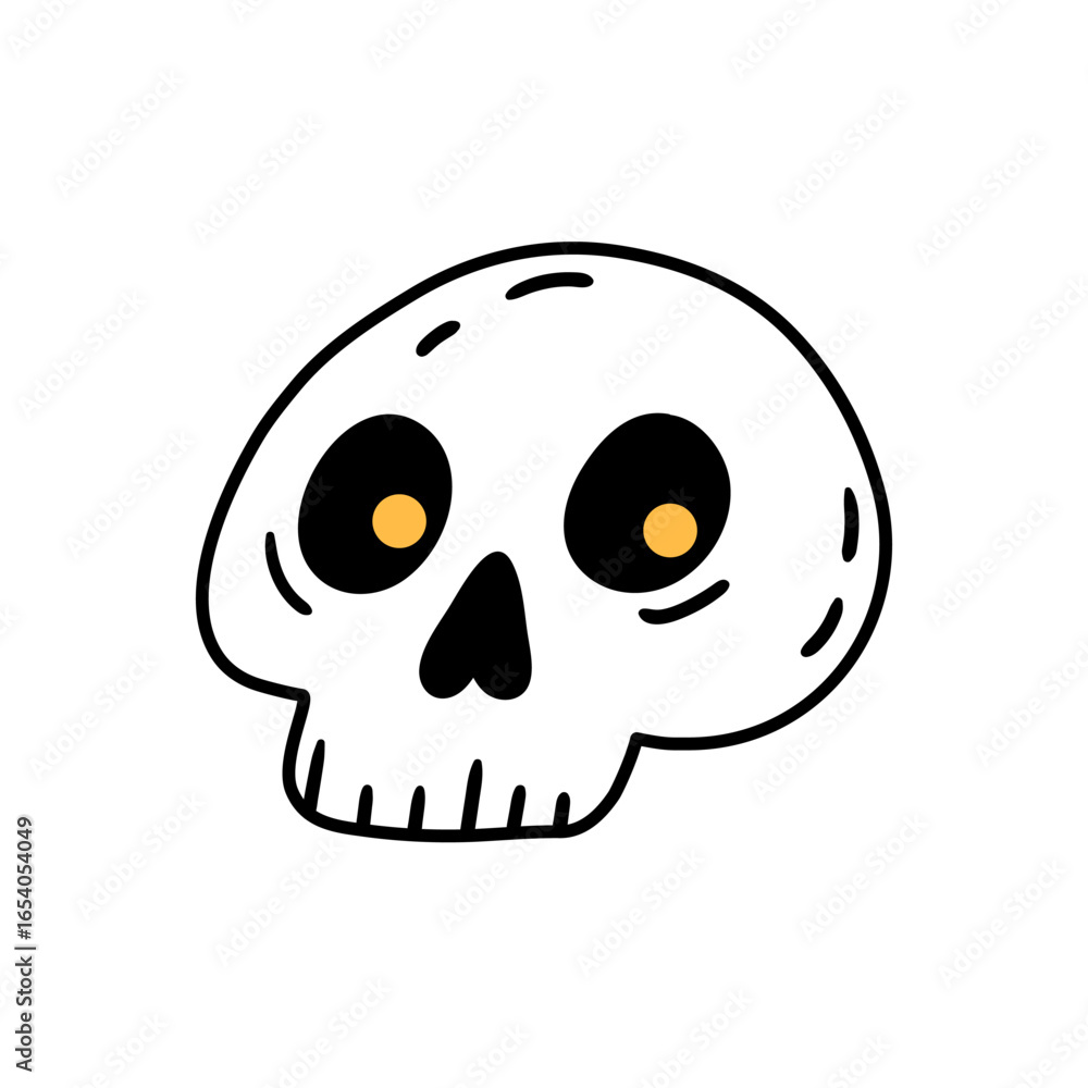 Fototapeta premium Cartoon retro skull illustration with orange eyes on a white background. Hand drawn vector illustration for Halloween decoration and design purposes.