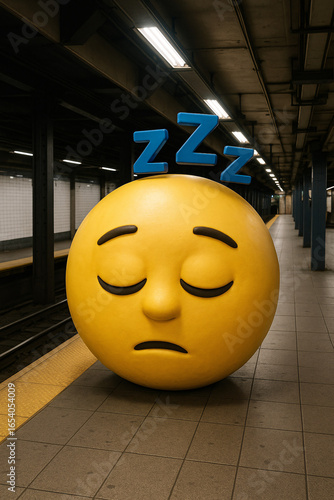 Sleeping emoji sculpture in empty subway station

