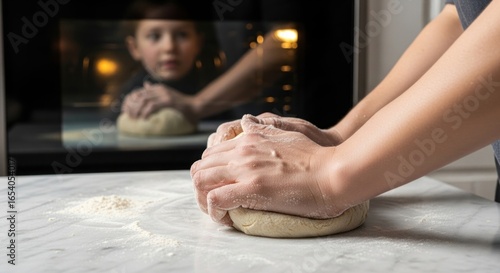 Fototapeta Naklejka Na Ścianę i Meble -  A child watching hands kneading dough on a marble surface with an oven background conveys family