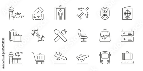 Airport And Air Travel Line Icon Set. Aviation, Security, And Passenger Experience Outline Symbol. Airplane, Luggage, Passport And Boarding Icons. Editable Stroke. Isolated Vector Illustration