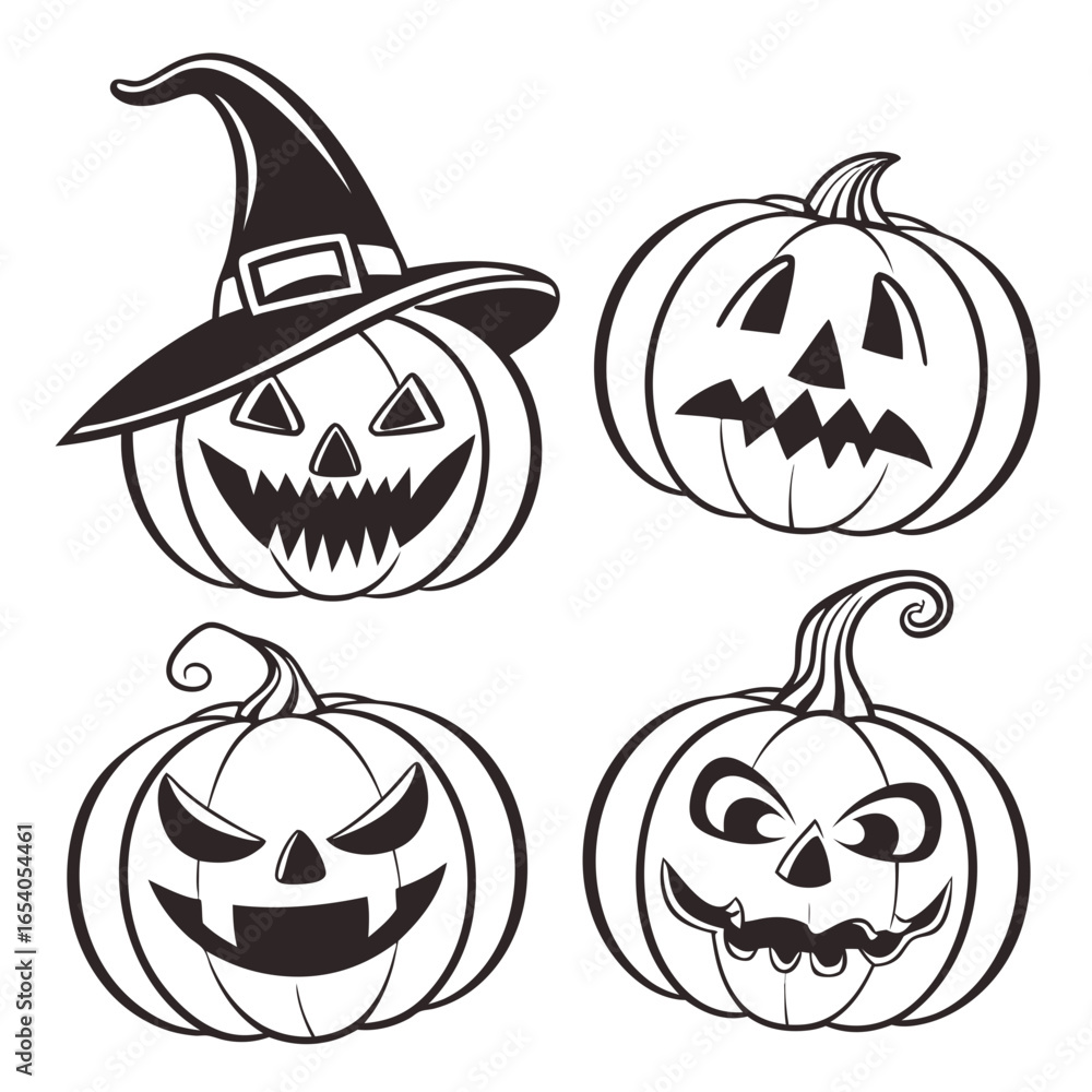 Naklejka premium Four spooky halloween jack o lantern pumpkins with different scary faces and one wearing a witch hat