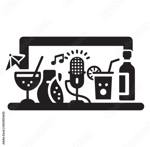 Black and white illustration of entertainment cocktails music and a microphone
