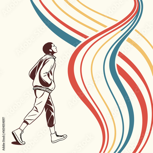 vector illustration of a man in a tracksuit, vector curved lines on the background, improvisation of movement