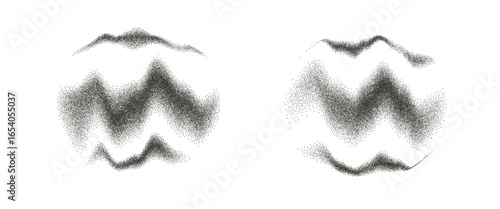 Organic lines dotwork gradient in round shapes set. Irregular dynamic halftone figures. Random abstract underlines paint on sphere form. Wavy brush stroke figures. Vector illustration i.