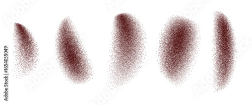 Curve grainy gradient textured spicy shapes set. Dark red stippled splatter figures. Grunge noise dotwork. Undulate sandy paper splashes. Vector illustration isolated on transparent background.