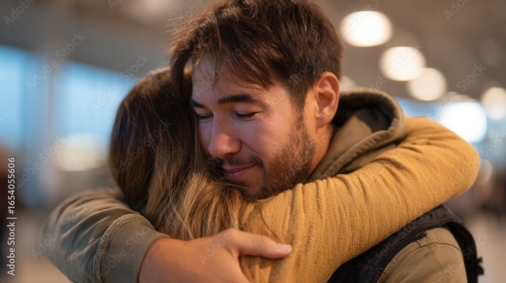 Obraz premium A man and woman embrace warmly at an airport, conveying joy and connection. The setting is bright and modern, capturing a heartfelt moment.